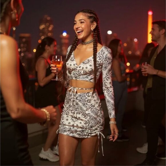 Salty After Sundown Wrap Crop Top & Ruched Mini Skirt Set by Poster Grl - Picture 1 of 4